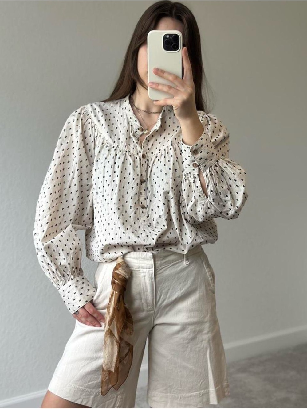 Old Navy Cream Peasant Blouse with black dots,bell sleeves,size L 100% cotton